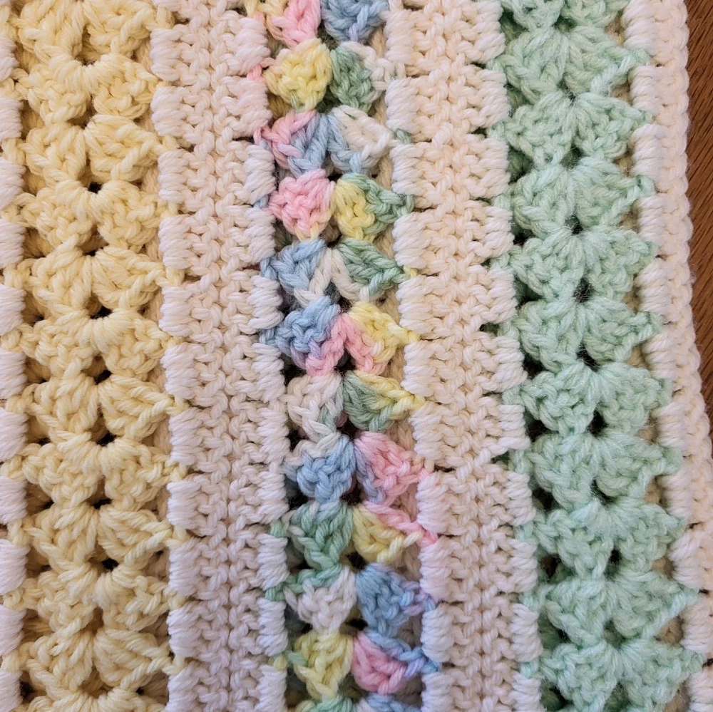 Vintage 70s Acrylic Pastel Hand Knit Baby Afghan 48